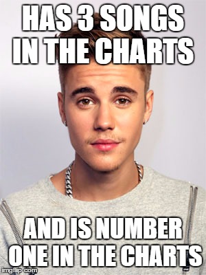 For all you Bieber haters | HAS 3 SONGS IN THE CHARTS; AND IS NUMBER ONE IN THE CHARTS | image tagged in justin bieber,memes | made w/ Imgflip meme maker