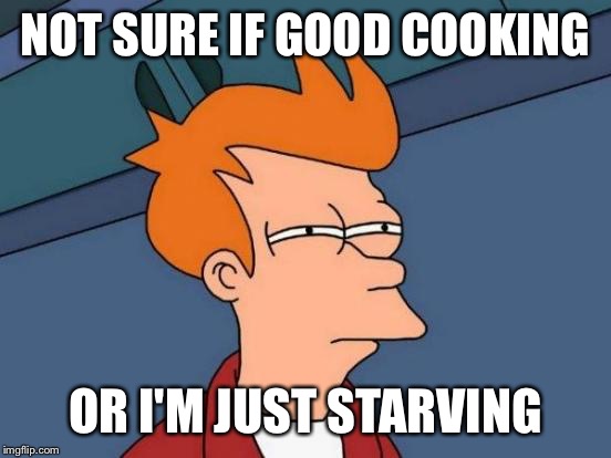 Futurama Fry Meme | NOT SURE IF GOOD COOKING; OR I'M JUST STARVING | image tagged in memes,futurama fry | made w/ Imgflip meme maker