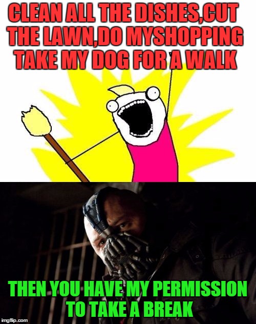 CLEAN ALL THE DISHES,CUT THE LAWN,DO MYSHOPPING TAKE MY DOG FOR A WALK THEN YOU HAVE MY PERMISSION TO TAKE A BREAK | made w/ Imgflip meme maker