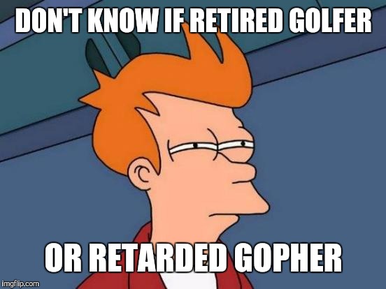 Futurama Fry Meme | DON'T KNOW IF RETIRED GOLFER OR RETARDED GOPHER | image tagged in memes,futurama fry | made w/ Imgflip meme maker