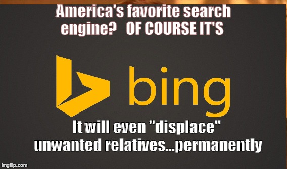 Bing | America's favorite search engine?  
OF COURSE IT'S; It will even "displace" unwanted relatives...permanently | image tagged in bing | made w/ Imgflip meme maker