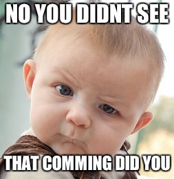 Skeptical Baby | NO YOU DIDNT SEE; THAT COMMING DID YOU | image tagged in memes,skeptical baby | made w/ Imgflip meme maker