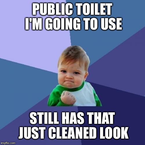 Success Kid Meme | PUBLIC TOILET I'M GOING TO USE; STILL HAS THAT JUST CLEANED LOOK | image tagged in memes,success kid | made w/ Imgflip meme maker