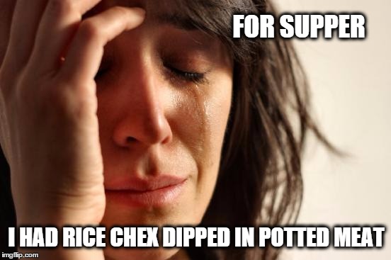 First World Problems Meme | FOR SUPPER I HAD RICE CHEX DIPPED IN POTTED MEAT | image tagged in memes,first world problems | made w/ Imgflip meme maker