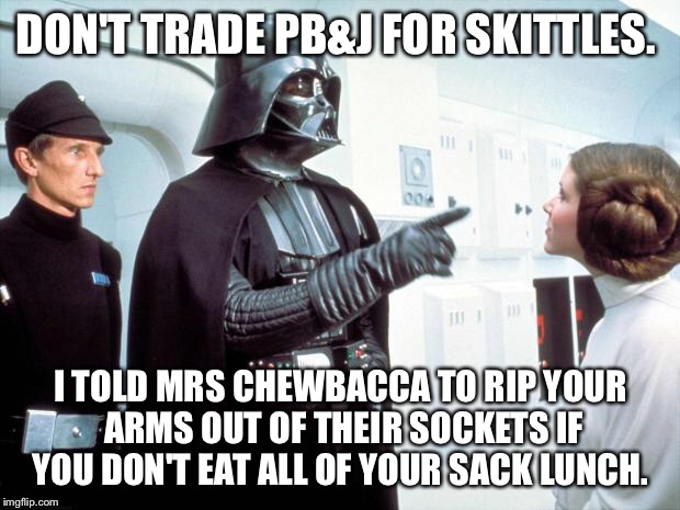 Darth Vader | DON'T TRADE PB&J FOR SKITTLES. I TOLD MRS CHEWBACCA TO RIP YOUR ARMS OUT OF THEIR SOCKETS IF YOU DON'T EAT ALL OF YOUR SACK LUNCH. | image tagged in darth vader | made w/ Imgflip meme maker