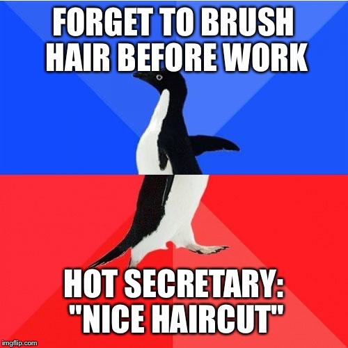 Socially Awkward Awesome Penguin Meme | FORGET TO BRUSH HAIR BEFORE WORK; HOT SECRETARY: "NICE HAIRCUT" | image tagged in memes,socially awkward awesome penguin,AdviceAnimals | made w/ Imgflip meme maker