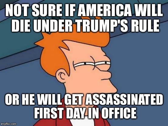 Futurama Fry Meme | NOT SURE IF AMERICA WILL DIE UNDER TRUMP'S RULE OR HE WILL GET ASSASSINATED FIRST DAY IN OFFICE | image tagged in memes,futurama fry | made w/ Imgflip meme maker