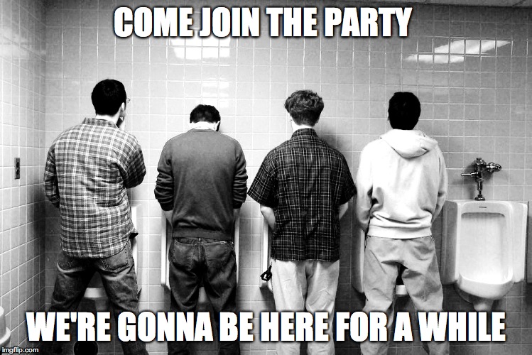 Mexican Standoff | COME JOIN THE PARTY; WE'RE GONNA BE HERE FOR A WHILE | image tagged in mexican standoff,washroom,men,awkward | made w/ Imgflip meme maker