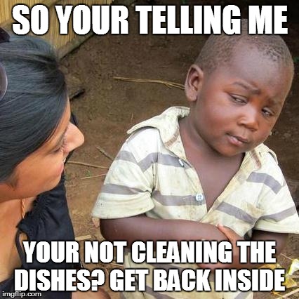 Kid's got game | SO YOUR TELLING ME; YOUR NOT CLEANING THE DISHES? GET BACK INSIDE | image tagged in memes,third world skeptical kid | made w/ Imgflip meme maker