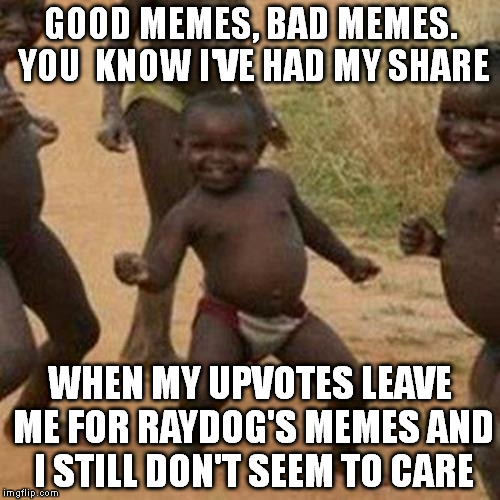Hey hey, what can I do? I've got a limit, and it's 3 all day. | GOOD MEMES, BAD MEMES. YOU  KNOW I'VE HAD MY SHARE; WHEN MY UPVOTES LEAVE ME FOR RAYDOG'S MEMES AND I STILL DON'T SEEM TO CARE | image tagged in memes,third world success kid | made w/ Imgflip meme maker