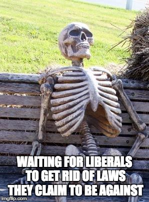 Waiting for Liberals | WAITING FOR LIBERALS TO GET RID OF LAWS THEY CLAIM TO BE AGAINST | image tagged in memes,waiting skeleton,liberals,laws | made w/ Imgflip meme maker