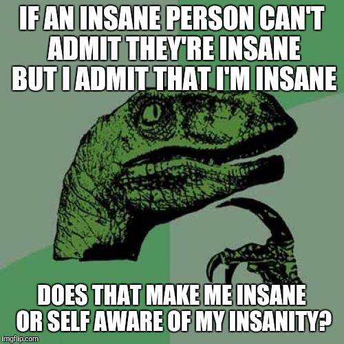 Insane in the brain | IF AN INSANE PERSON CAN'T ADMIT THEY'RE INSANE BUT I ADMIT THAT I'M INSANE; DOES THAT MAKE ME INSANE OR SELF AWARE OF MY INSANITY? | image tagged in memes,philosoraptor | made w/ Imgflip meme maker