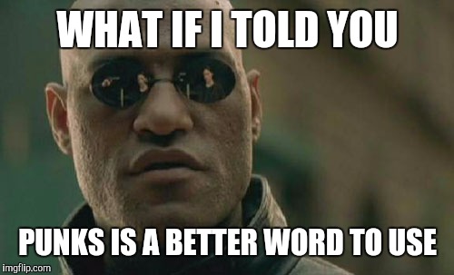 Matrix Morpheus Meme | WHAT IF I TOLD YOU PUNKS IS A BETTER WORD TO USE | image tagged in memes,matrix morpheus | made w/ Imgflip meme maker