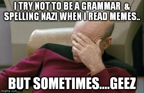 Sometimes you cant help it. | I TRY NOT TO BE A GRAMMAR  & SPELLING NAZI WHEN I READ MEMES.. BUT SOMETIMES....GEEZ | image tagged in memes,captain picard facepalm,grammar nazi | made w/ Imgflip meme maker