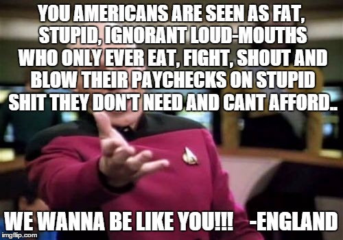 Picard Wtf Meme | YOU AMERICANS ARE SEEN AS FAT, STUPID, IGNORANT LOUD-MOUTHS WHO ONLY EVER EAT, FIGHT, SHOUT AND BLOW THEIR PAYCHECKS ON STUPID SHIT THEY DON | image tagged in memes,picard wtf | made w/ Imgflip meme maker