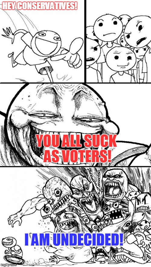 Hey! Republican Voters | HEY CONSERVATIVES! YOU ALL SUCK AS VOTERS! I AM UNDECIDED! | image tagged in memes,hey internet | made w/ Imgflip meme maker