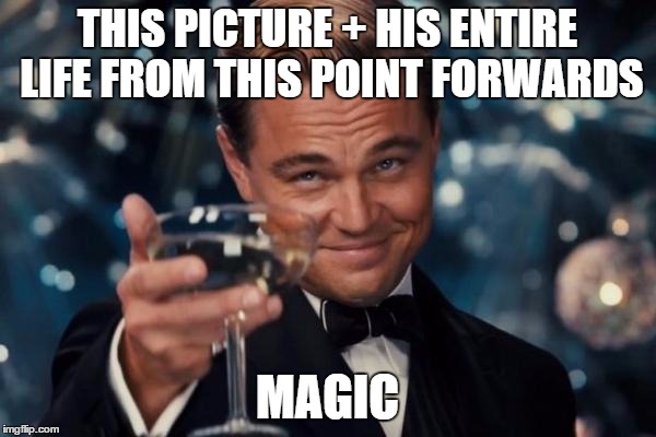 Leonardo Dicaprio Cheers Meme | THIS PICTURE + HIS ENTIRE LIFE FROM THIS POINT FORWARDS MAGIC | image tagged in memes,leonardo dicaprio cheers | made w/ Imgflip meme maker