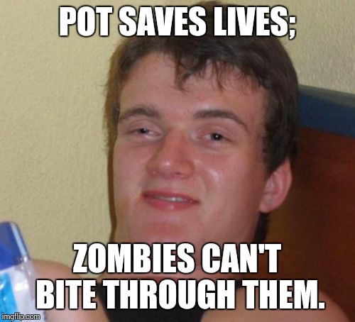 10 Guy | POT SAVES LIVES;; ZOMBIES CAN'T BITE THROUGH THEM. | image tagged in memes,10 guy | made w/ Imgflip meme maker