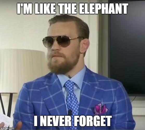 Conor McGregor Elephant | I'M LIKE THE ELEPHANT; I NEVER FORGET | image tagged in conor mcgregor elephant | made w/ Imgflip meme maker