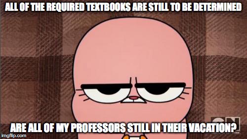 Required Textbooks | ALL OF THE REQUIRED TEXTBOOKS ARE STILL TO BE DETERMINED; ARE ALL OF MY PROFESSORS STILL IN THEIR VACATION? | image tagged in memes | made w/ Imgflip meme maker