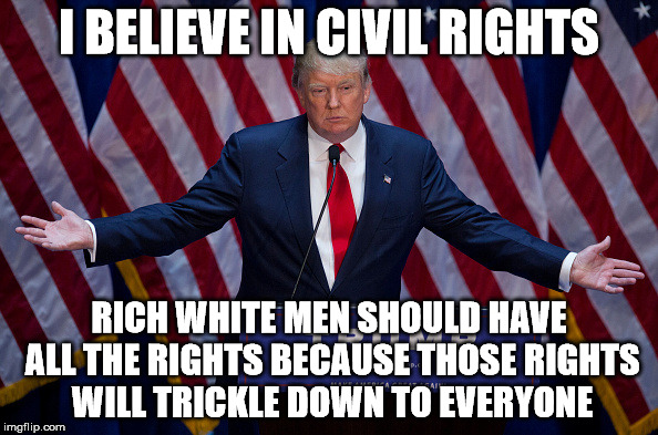 Donald Trump | I BELIEVE IN CIVIL RIGHTS; RICH WHITE MEN SHOULD HAVE ALL THE RIGHTS BECAUSE THOSE RIGHTS WILL TRICKLE DOWN TO EVERYONE | image tagged in donald trump,civil rights,fascism,sfw | made w/ Imgflip meme maker