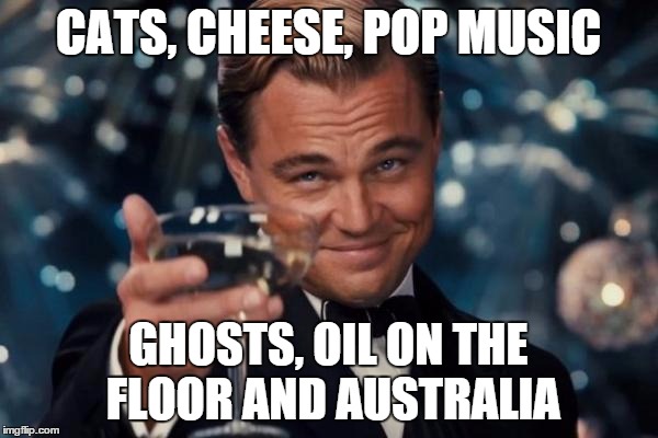 Leonardo Dicaprio Cheers Meme | CATS, CHEESE, POP MUSIC GHOSTS, OIL ON THE FLOOR AND AUSTRALIA | image tagged in memes,leonardo dicaprio cheers | made w/ Imgflip meme maker