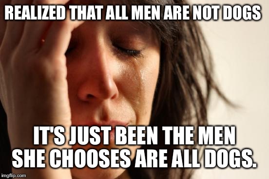 crying woman | REALIZED THAT ALL MEN ARE NOT DOGS; IT'S JUST BEEN THE MEN SHE CHOOSES ARE ALL DOGS. | image tagged in crying woman | made w/ Imgflip meme maker