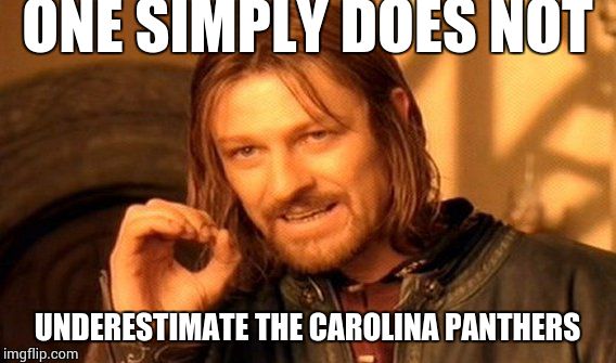 One Does Not Simply | ONE SIMPLY DOES NOT; UNDERESTIMATE THE CAROLINA PANTHERS | image tagged in memes,one does not simply | made w/ Imgflip meme maker