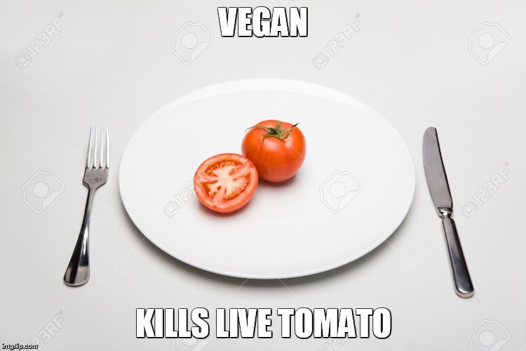 vegan mixed grill | VEGAN; KILLS LIVE TOMATO | image tagged in vegan mixed grill | made w/ Imgflip meme maker