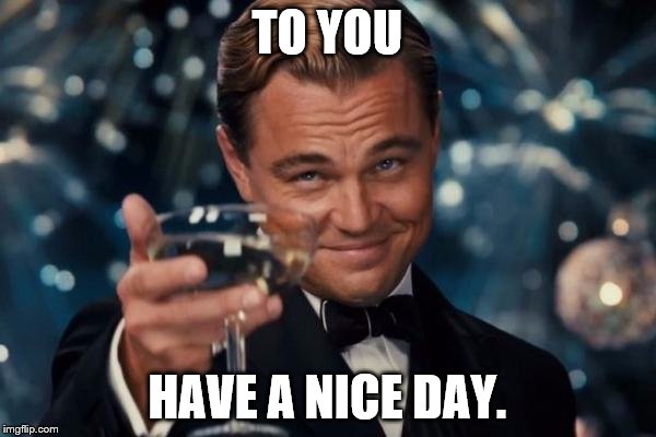 TO YOU HAVE A NICE DAY. | image tagged in memes,leonardo dicaprio cheers | made w/ Imgflip meme maker