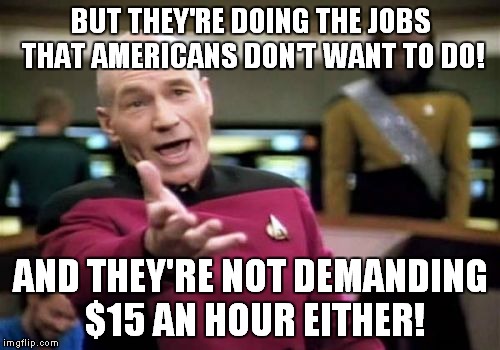 Picard Wtf Meme | BUT THEY'RE DOING THE JOBS THAT AMERICANS DON'T WANT TO DO! AND THEY'RE NOT DEMANDING $15 AN HOUR EITHER! | image tagged in memes,picard wtf | made w/ Imgflip meme maker
