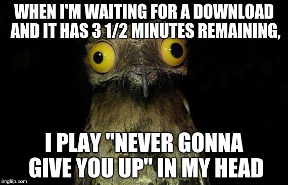 you know the rules, and so do i | WHEN I'M WAITING FOR A DOWNLOAD AND IT HAS 3 1/2 MINUTES REMAINING, I PLAY "NEVER GONNA GIVE YOU UP" IN MY HEAD | image tagged in memes,weird stuff i do potoo,rick astley | made w/ Imgflip meme maker