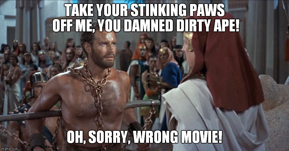 Hey, it coulda happened... | TAKE YOUR STINKING PAWS OFF ME, YOU DAMNED DIRTY APE! OH, SORRY, WRONG MOVIE! | image tagged in moses,the 10 commandments,the planet of the apes,charlton heston | made w/ Imgflip meme maker