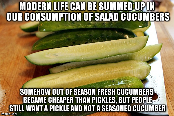 I mix zatarain's creole seasoning with salt, sugar, and sesame seed. Then I dip the cuke in it. | MODERN LIFE CAN BE SUMMED UP IN OUR CONSUMPTION OF SALAD CUCUMBERS; SOMEHOW OUT OF SEASON FRESH CUCUMBERS BECAME CHEAPER THAN PICKLES, BUT PEOPLE STILL WANT A PICKLE AND NOT A SEASONED CUCUMBER | image tagged in life,economics,farm,memes,food,green | made w/ Imgflip meme maker