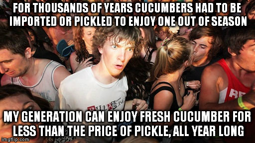 FOR THOUSANDS OF YEARS CUCUMBERS HAD TO BE IMPORTED OR PICKLED TO ENJOY ONE OUT OF SEASON MY GENERATION CAN ENJOY FRESH CUCUMBER FOR LESS TH | made w/ Imgflip meme maker