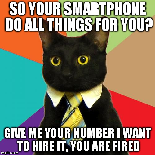 Business Cat | SO YOUR SMARTPHONE DO ALL THINGS FOR YOU? GIVE ME YOUR NUMBER I WANT TO HIRE IT, YOU ARE FIRED | image tagged in memes,business cat | made w/ Imgflip meme maker