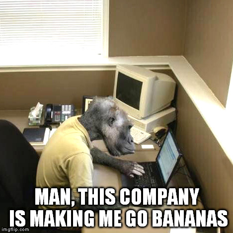 I feel this. | MAN, THIS COMPANY IS MAKING ME GO BANANAS | image tagged in memes,monkey business | made w/ Imgflip meme maker