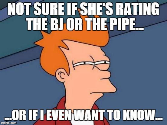 Futurama Fry Meme | NOT SURE IF SHE'S RATING THE BJ OR THE PIPE... ...OR IF I EVEN WANT TO KNOW... | image tagged in memes,futurama fry | made w/ Imgflip meme maker