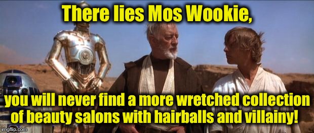 One of many other lesser known Spaceports............... | There lies Mos Wookie, you will never find a more wretched collection of beauty
salons with hairballs and villainy! | image tagged in star wars mos eisley,memes,funny memes,star wars,obi wan kenobi | made w/ Imgflip meme maker