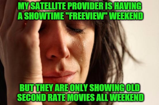 I mean really, what's the point? | MY SATELLITE PROVIDER IS HAVING A SHOWTIME "FREEVIEW" WEEKEND; BUT THEY ARE ONLY SHOWING OLD SECOND RATE MOVIES ALL WEEKEND | image tagged in memes,first world problems | made w/ Imgflip meme maker