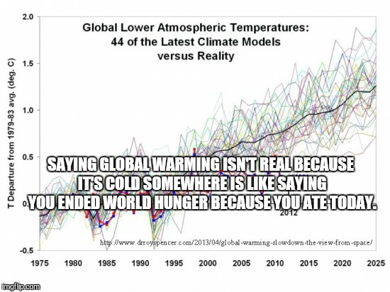Global Warming charts | SAYING GLOBAL WARMING ISN'T REAL BECAUSE IT'S COLD SOMEWHERE IS LIKE SAYING YOU ENDED WORLD HUNGER BECAUSE YOU ATE TODAY. | image tagged in global warming charts | made w/ Imgflip meme maker