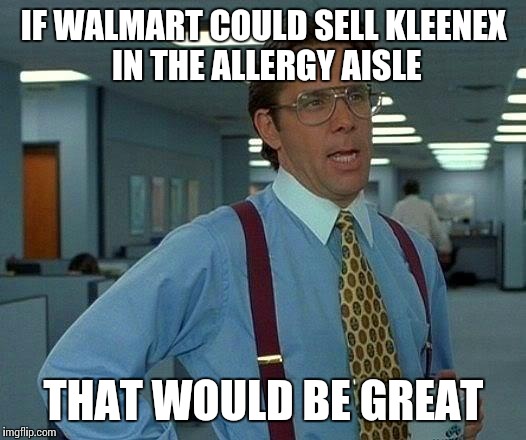 That Would Be Great Meme | IF WALMART COULD SELL KLEENEX IN THE ALLERGY AISLE; THAT WOULD BE GREAT | image tagged in memes,that would be great | made w/ Imgflip meme maker