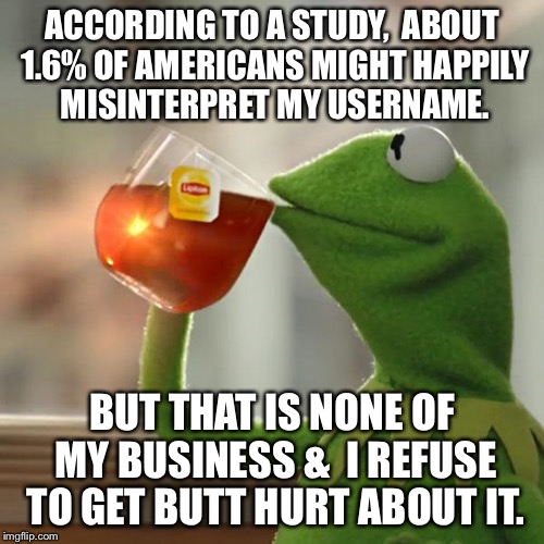 But That's None Of My Business Meme | ACCORDING TO A STUDY,  ABOUT 1.6% OF AMERICANS MIGHT HAPPILY MISINTERPRET MY USERNAME. BUT THAT IS NONE OF MY BUSINESS &  I REFUSE TO GET BUTT HURT ABOUT IT. | image tagged in memes,but thats none of my business,kermit the frog | made w/ Imgflip meme maker