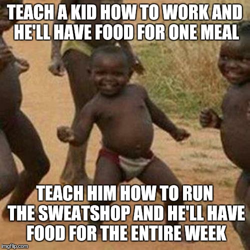 Looks like Scumbag Steve has started an NGO. | TEACH A KID HOW TO WORK AND HE'LL HAVE FOOD FOR ONE MEAL; TEACH HIM HOW TO RUN THE SWEATSHOP AND HE'LL HAVE FOOD FOR THE ENTIRE WEEK | image tagged in memes,third world success kid | made w/ Imgflip meme maker