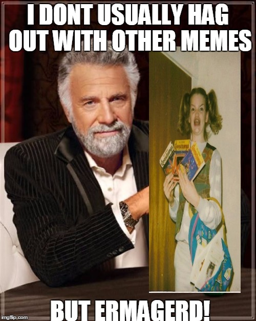 The Most Interesting Man In The World Meme | I DONT USUALLY HAG OUT WITH OTHER MEMES; BUT ERMAGERD! | image tagged in memes,the most interesting man in the world | made w/ Imgflip meme maker