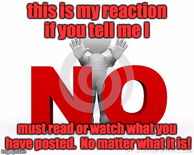 Don't tell me what I must do! | this is my reaction if you tell me I; must read or watch what you have posted.  No matter what it is! | image tagged in read,watch,share,facebook,repost,post | made w/ Imgflip meme maker
