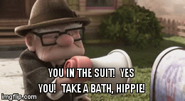 When I see anything fat free, sugar free, vegan . . . | YOU IN THE SUIT!  YES YOU!  TAKE A BATH, HIPPIE! | image tagged in gifs,movies | made w/ Imgflip video-to-gif maker