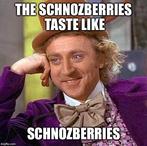 Creepy Condescending Wonka Meme | THE SCHNOZBERRIES TASTE LIKE; SCHNOZBERRIES | image tagged in memes,creepy condescending wonka | made w/ Imgflip meme maker