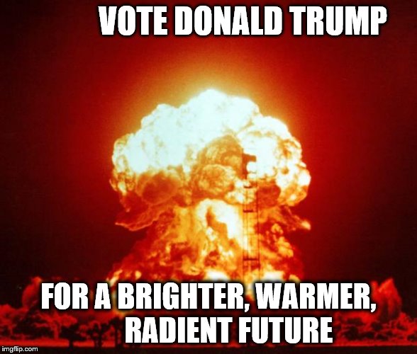 Nuclear Explosion  | VOTE DONALD TRUMP; FOR A BRIGHTER, WARMER,       
                RADIENT FUTURE | image tagged in nuclear explosion | made w/ Imgflip meme maker