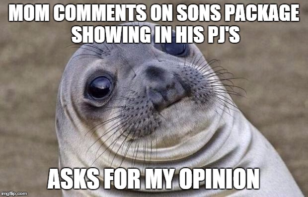 Awkward Moment Sealion | MOM COMMENTS ON SONS PACKAGE SHOWING IN HIS PJ'S; ASKS FOR MY OPINION | image tagged in memes,awkward moment sealion,AdviceAnimals | made w/ Imgflip meme maker